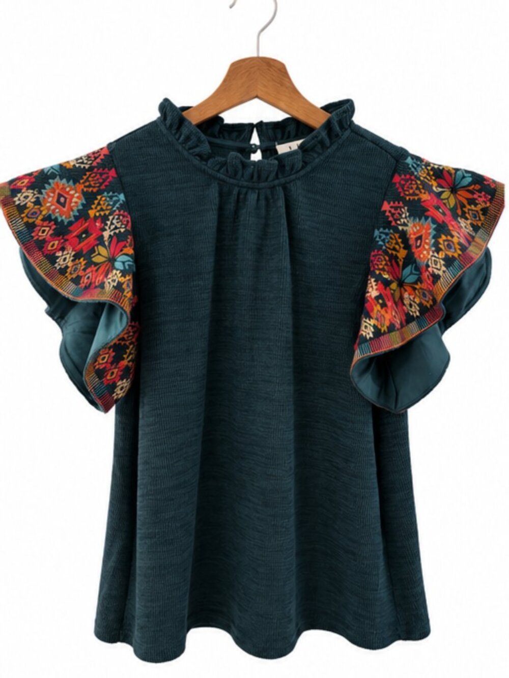 THML Teal Embroidered Flutter Sleeve Top Size Medium
